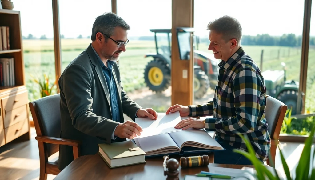 Agriculture lawyer consulting on farming regulations in a sunlit office.
