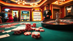 Engaging casino scene showcasing gambling excitement at Haywin with poker chips and roulette wheel.