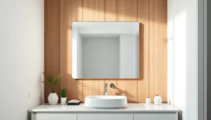 Elegant bathroom mirror adorned with modern design reflecting soft light in a chic setting.