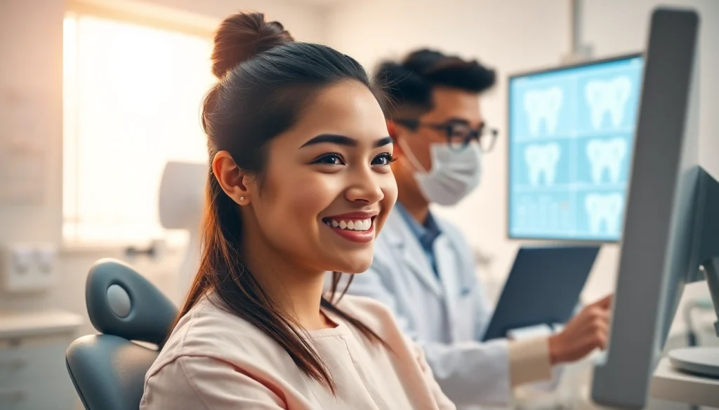 ウィスマイル矯正 口コミ session in a bright, professional dental clinic with a smiling patient.