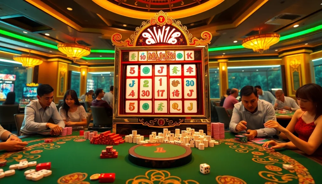 Play mahjong ways 2 on a luxurious slot machine in a vibrant casino setting.