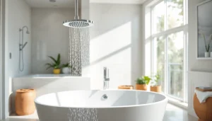 Elevated view of a modern sunny shower setup featuring sleek chrome and elegant tile.