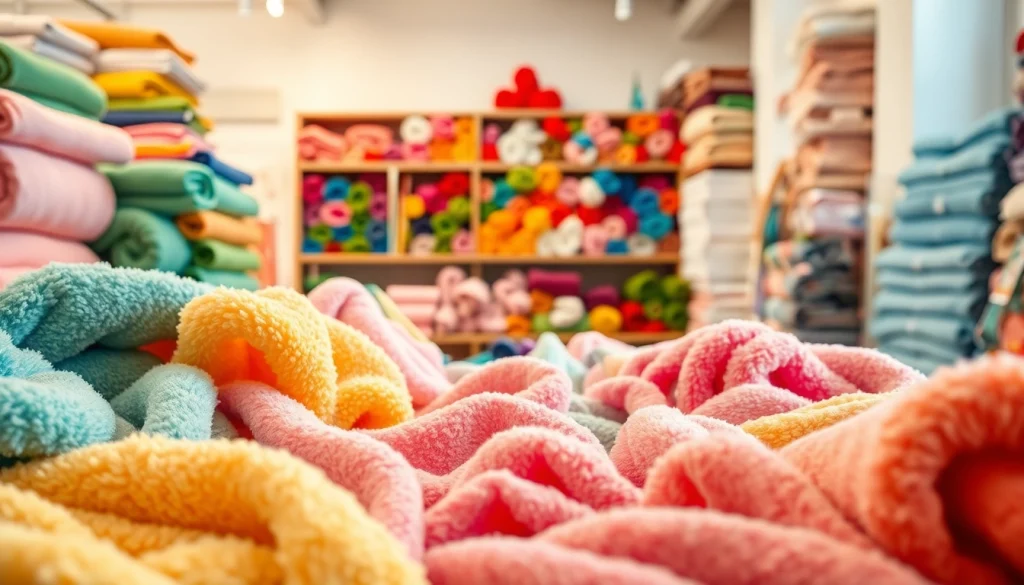 Fleece stof kopen in een kleurrijke stoffenwinkel, met diverse texturen en patronen.