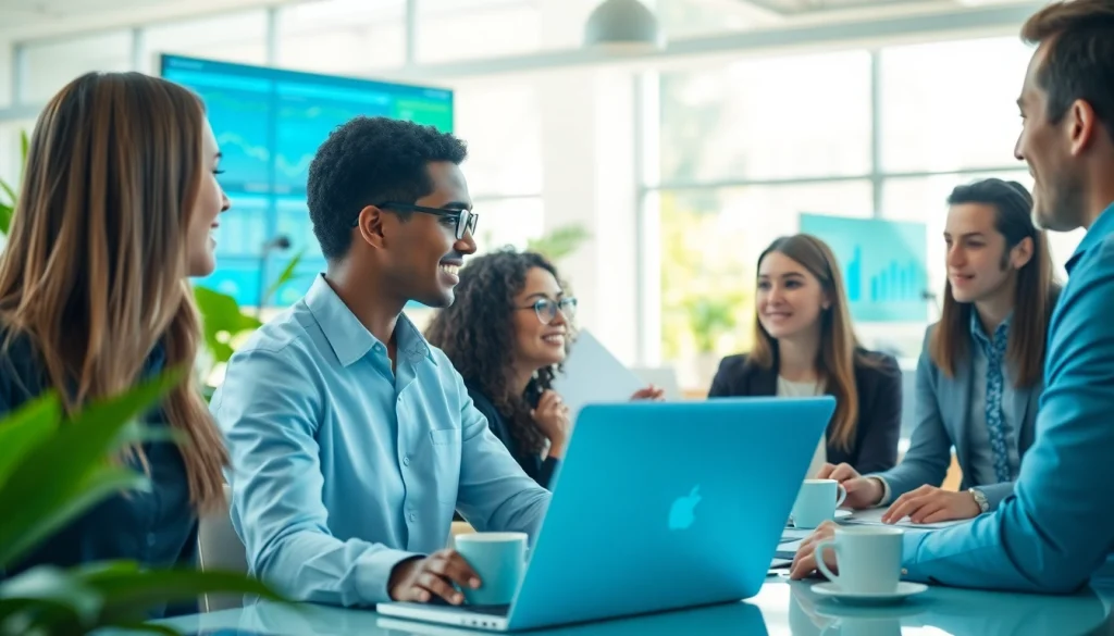 Engaging AI Employee collaborating in a modern office environment with data analytics.