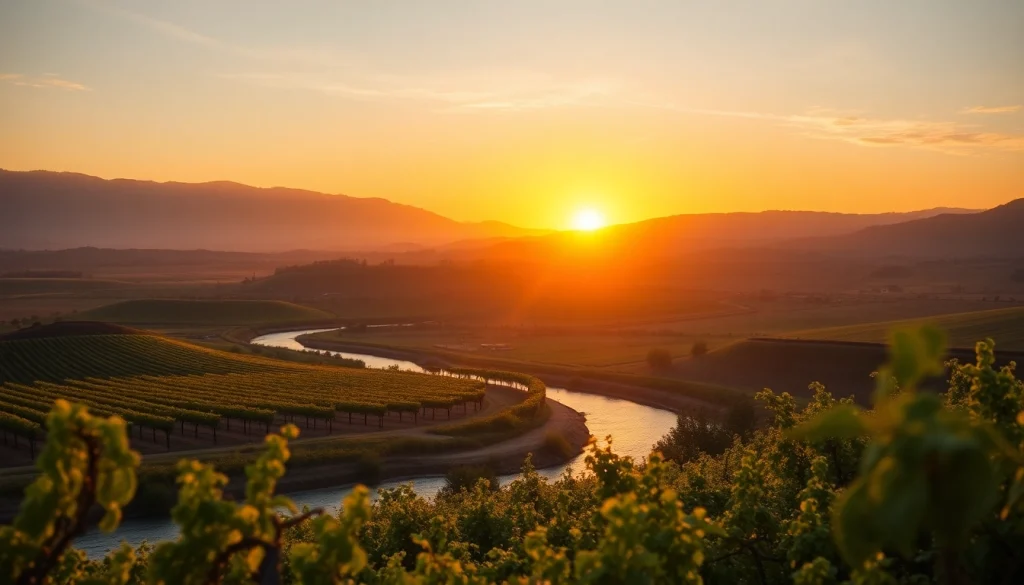 Vibrant landscape of Clarksburg CA showcasing vineyards by a serene river at sunset.