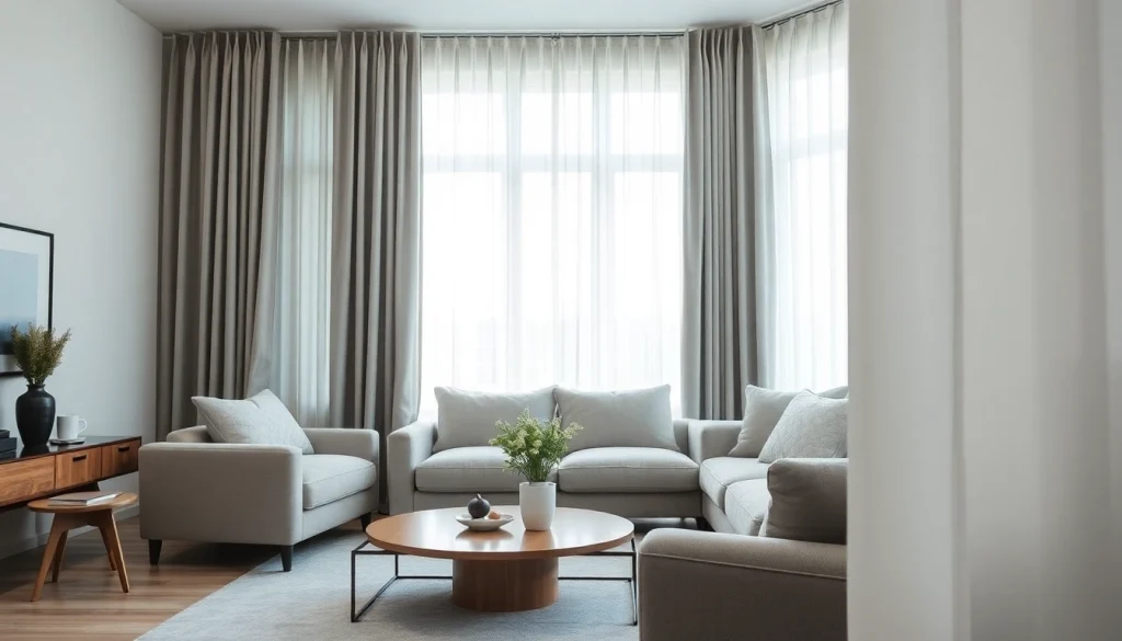 Verduisterende gordijnen in een stijlvolle woonkamer met natuurlijke verlichting en zachte texturen.