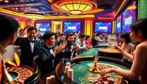 Players engaged in exciting games at MM88, featuring roulette, poker chips, and vibrant casino tables.