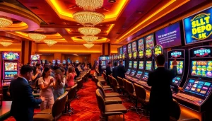 Rasakan kegembiraan Slot Depo 5K dengan mesin kasino yang berwarna-warni dan pemain yang sedang merayakan kemenangan.