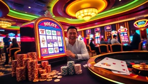 Pemain merayakan kemenangan di mesin slot yang menampilkan deposit slot 1K, dikelilingi chip kasino.