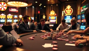 S8 casino vibrantly showcasing poker and slot machines in an elegant setting, exuding excitement and luxury.