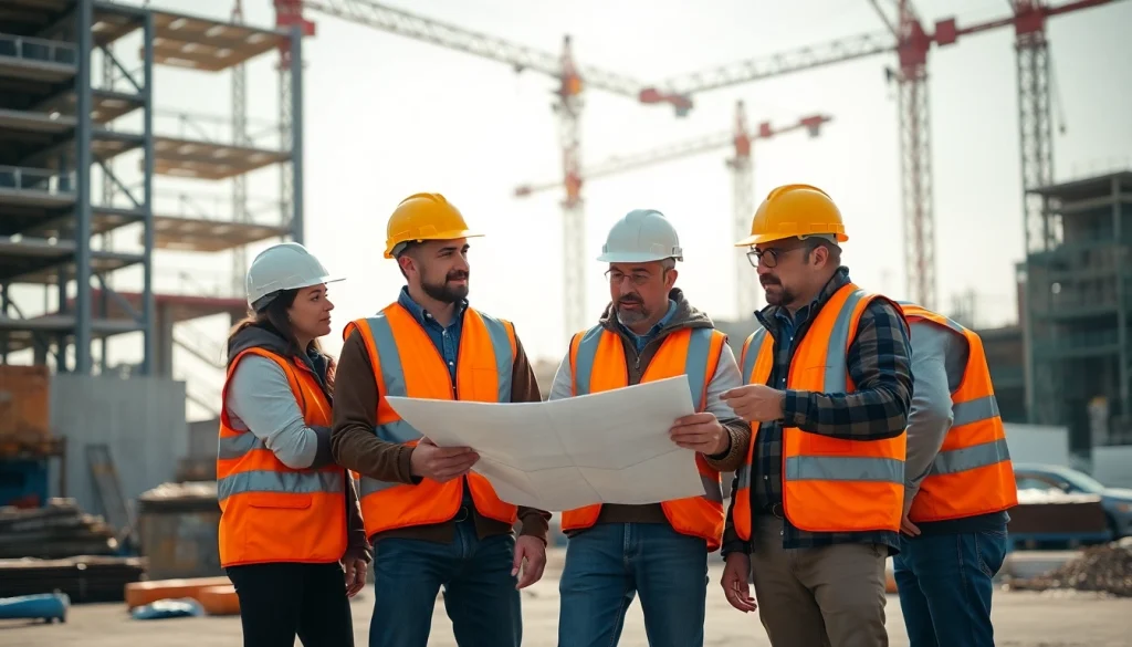 Explore Careers in construction with professionals collaborating at a vibrant job site, emphasizing teamwork.