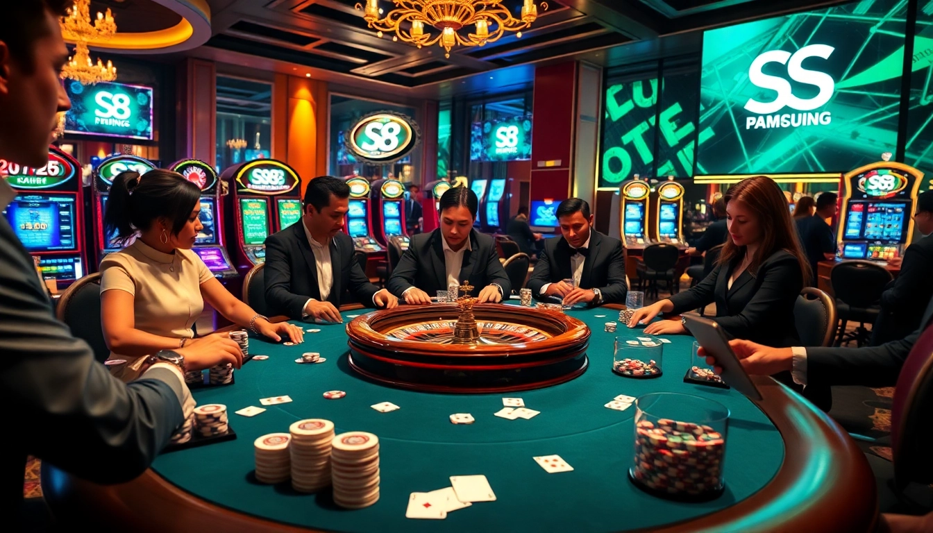S8 players engaging in a high-stakes casino game with vibrant elements of excitement.