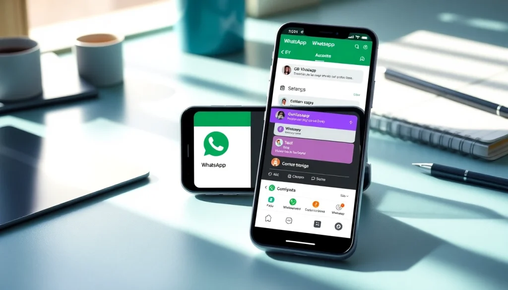 GB WhatsApp app interface showcased on a smartphone in a modern workspace.