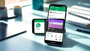 GB WhatsApp app interface showcased on a smartphone in a modern workspace.