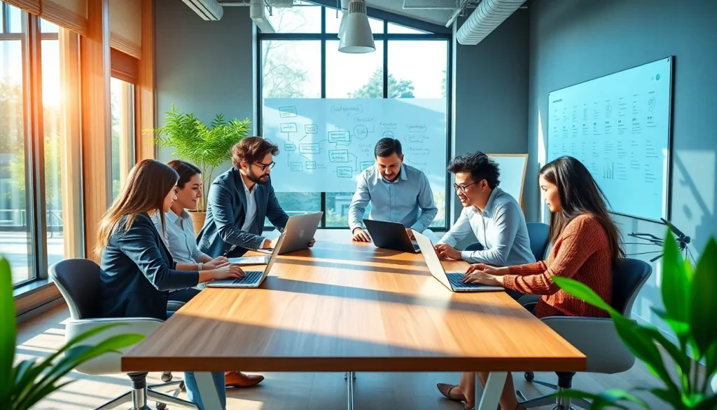 在现代办公环境中协作的人群，展示 WPS下载的实际应用。