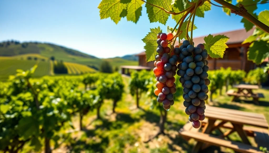 Visit Clarksburg wineries to enjoy picturesque vineyards and ripe grape clusters under a sunny sky.