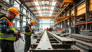 Workers conducting structural steel fabrication in a bustling workshop showcasing precision and skill.