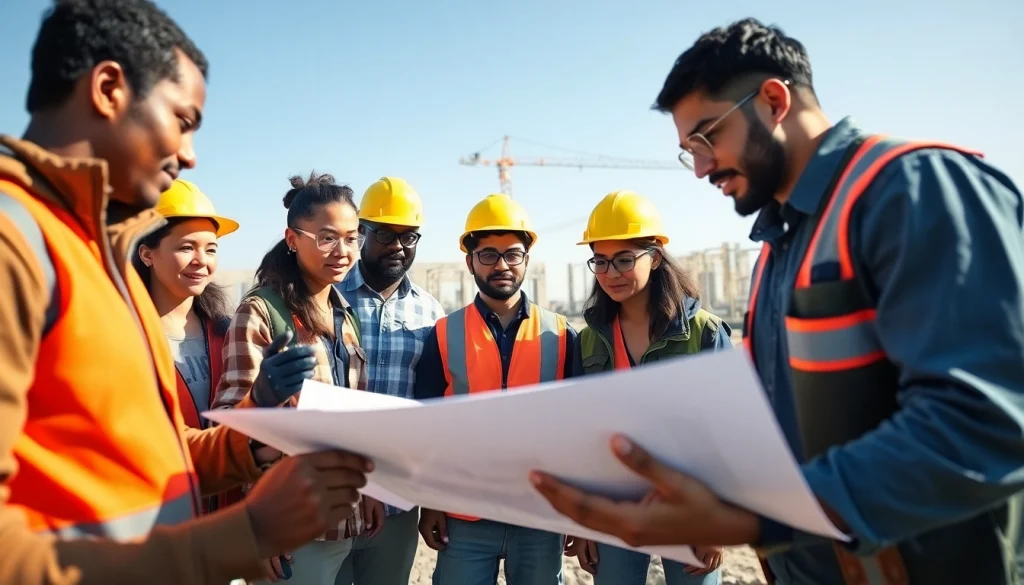 Construction workforce development training with diverse trainees engaged in hands-on activities.