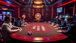 Engaged players at a poker table showcasing the excitement of gambling on https://mm88.fun/ with vibrant casino elements.