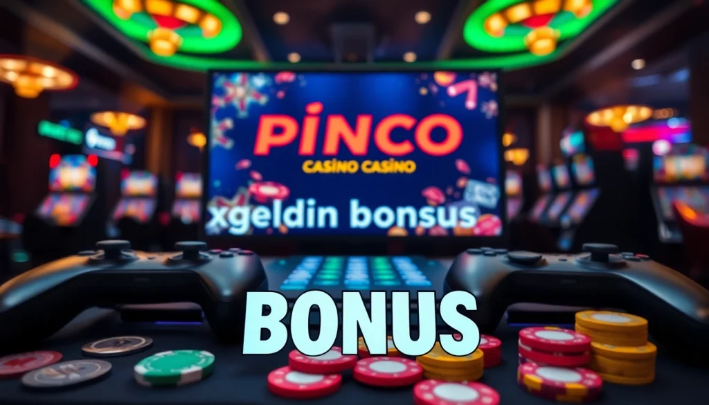 Pinco Casino xos geldin bonusu görüntüləyən dinamik kazino elementləri ilə dolu müasir oyun görünüşü.