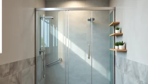 Duschkabine 90x90 in einem modernen Badezimmer mit eleganten Details und natürlichem Licht.