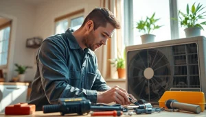 Technician conducting heat pump repair pawling in a bright residential environment.