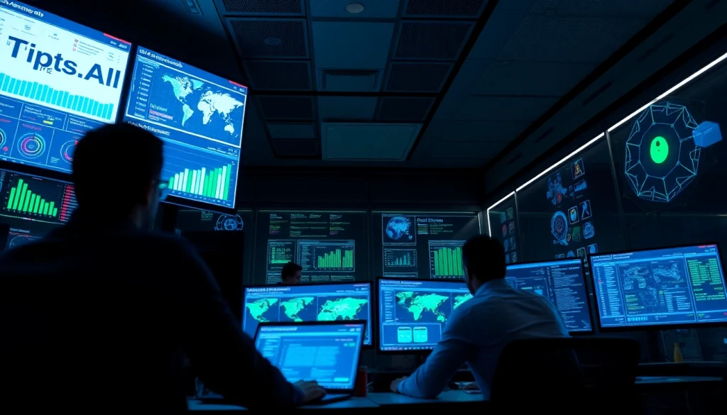 Cybersecurity AI team analyzing data in a modern operations center.