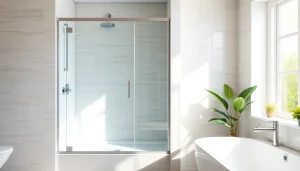 Showcase of elegant shower doors UK in a modern bathroom setting, featuring clear glass and a minimalist design.