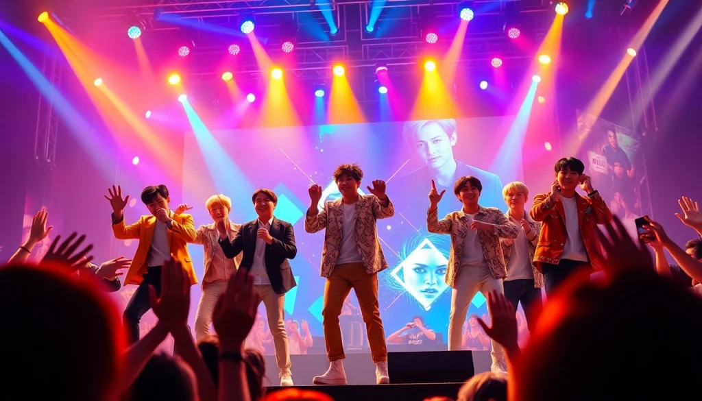 bts members performing energetically on stage with vibrant lights and engaging the audience.