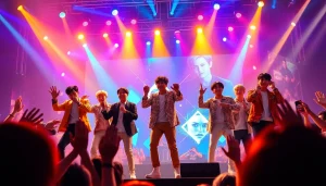bts members performing energetically on stage with vibrant lights and engaging the audience.