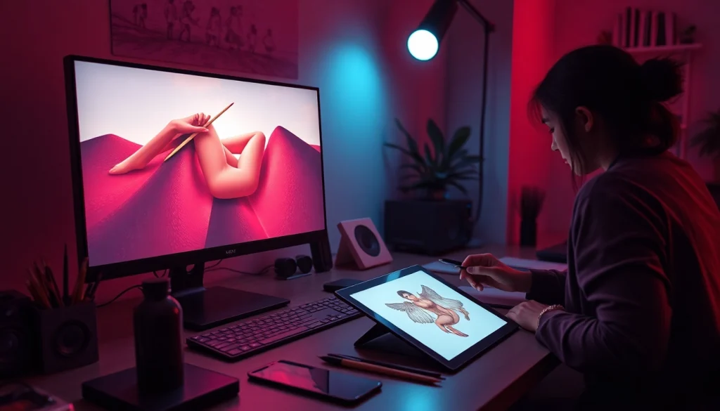 AI NSFW content creation in a modern digital workspace with artistic tools.