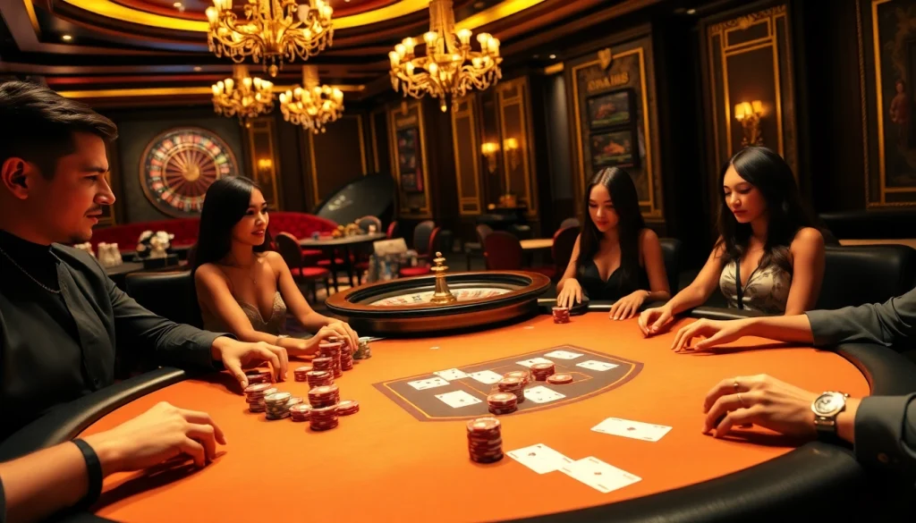 Players enjoying poker at a lavish casino table with nk88 branding visible.