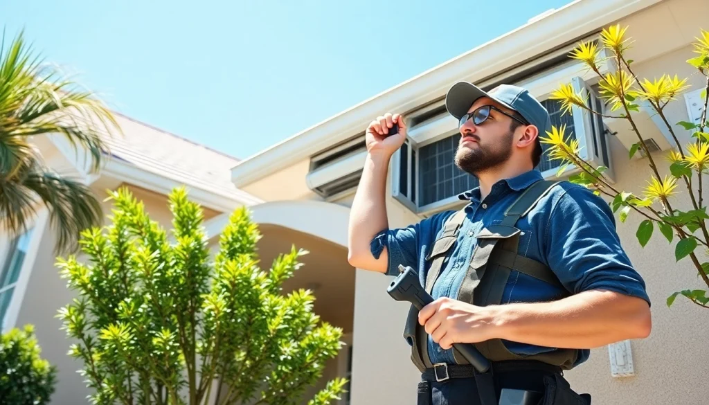 AC Repair Pinellas County FL technician servicing an air conditioning unit in a bright neighborhood.
