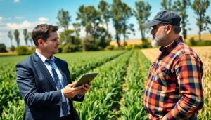 Consultation on agricultural law between a lawyer and a farmer in a vibrant field.