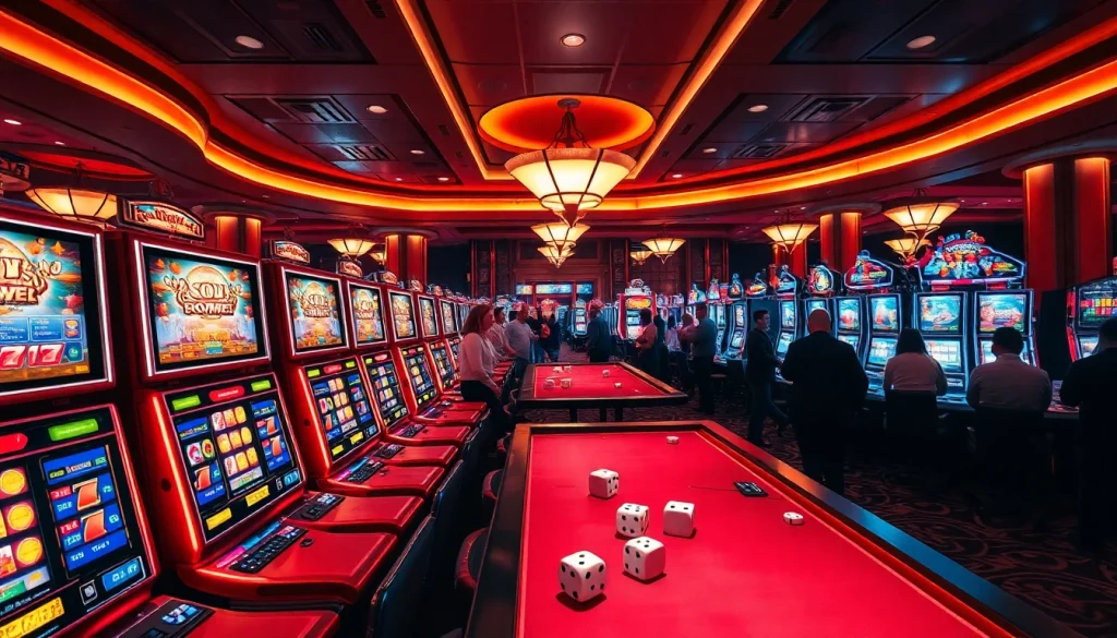 Exciting gameplay at slot depo 5k with vibrant machines, poker chips, and eager players.