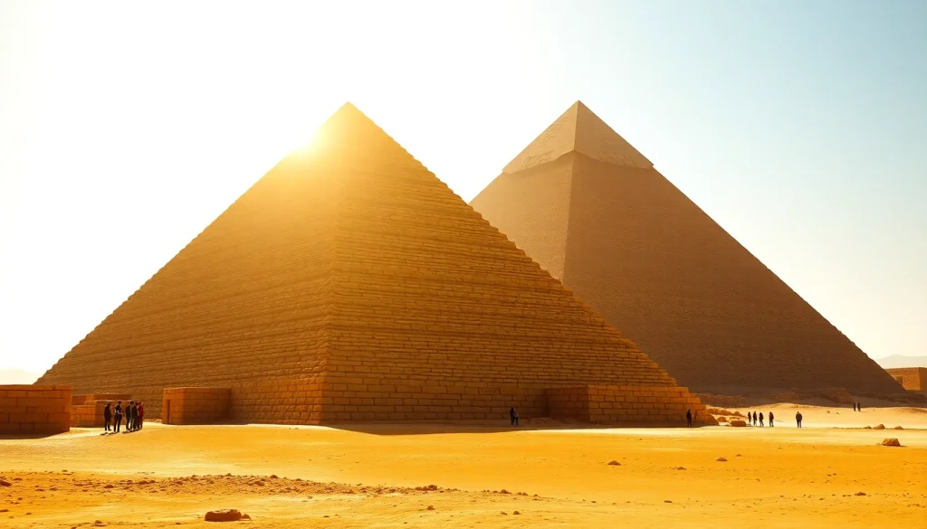 View of majestic pyramids showcasing the ancient piraminds of Egypt against a bright sky.