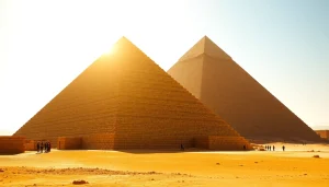 View of majestic pyramids showcasing the ancient piraminds of Egypt against a bright sky.