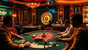 Players at an exciting b52 poker table amidst a vibrant casino atmosphere showcasing luxury and thrill.