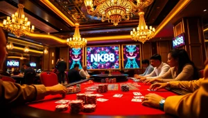 NK88 players strategizing at a glamorous poker table in a luxurious casino atmosphere