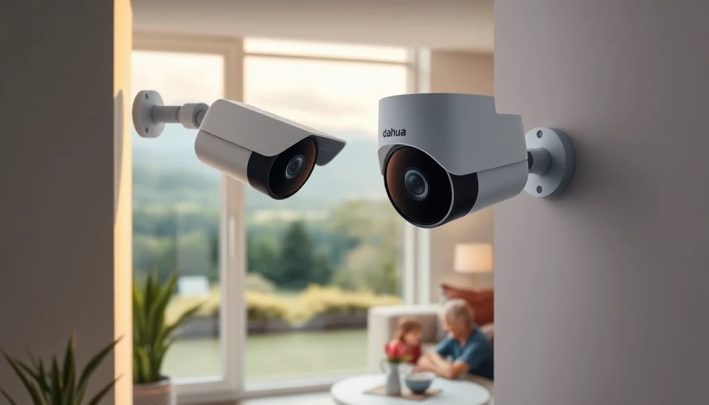 Cámaras Dahua instaladas en una casa moderna, que destacan características de seguridad avanzadas y un entorno seguro.
