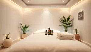 아로마 오일과 부드러운 조명이 있는 편안한 스웨디시 마사지 세팅.