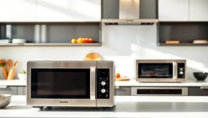 Showcase of microwave oven sales with modern designs and vibrant kitchen setting.