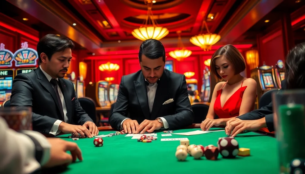 Permainan Togel Sumo dalam suasana kasino mewah dengan pemain yang fokus dan chip poker berwarna-warni.