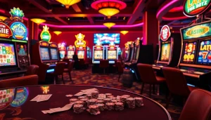 Engaged players competing on vibrant idnslot machines in a luxurious casino setting.