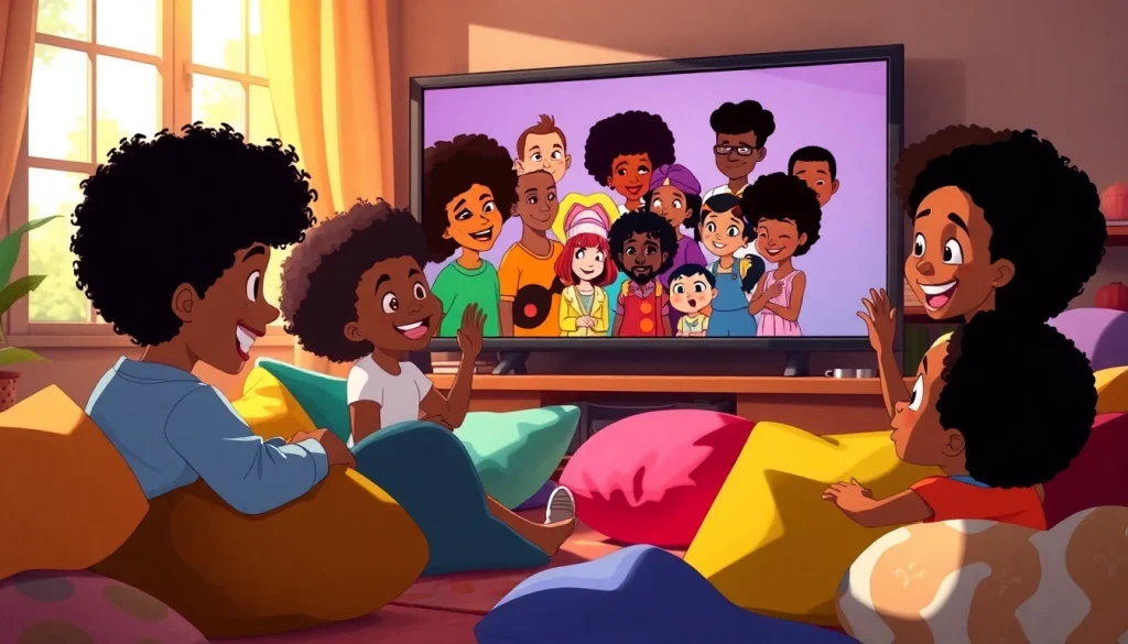 Children enjoying African American Cartoons in a vibrant living room atmosphere.