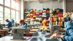 Maak kleurrijke kledingstukken van katoen stof voor kleding in een professionele naaien workshop.