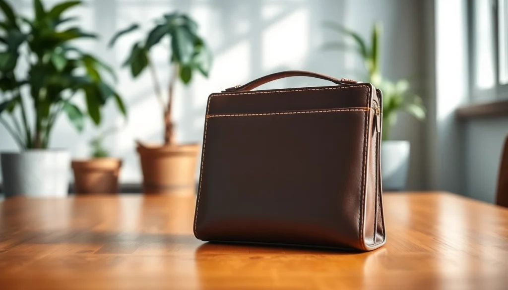 Practical abschließbare Handytasche displayed elegantly on a wooden surface.