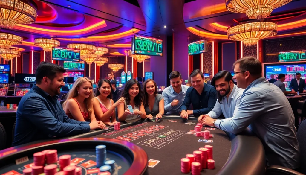 Players enjoying games at the 88VV casino table with vibrant poker chips and cards.