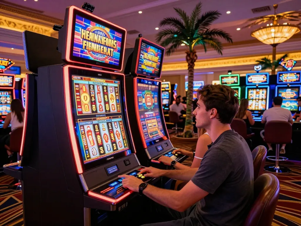 Player spins slot gacor machine while celebrating wins at vibrant casino floor.