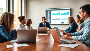 Team analyzing b2b competitive intelligence during a business meeting with data visualizations.